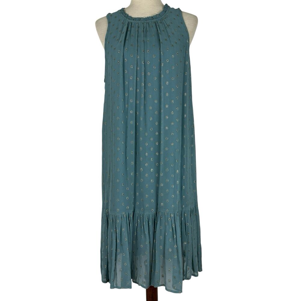Anthropologie Dress Women Medium Teal Blue Gold Foil Dot Ruffle Tiered Boho